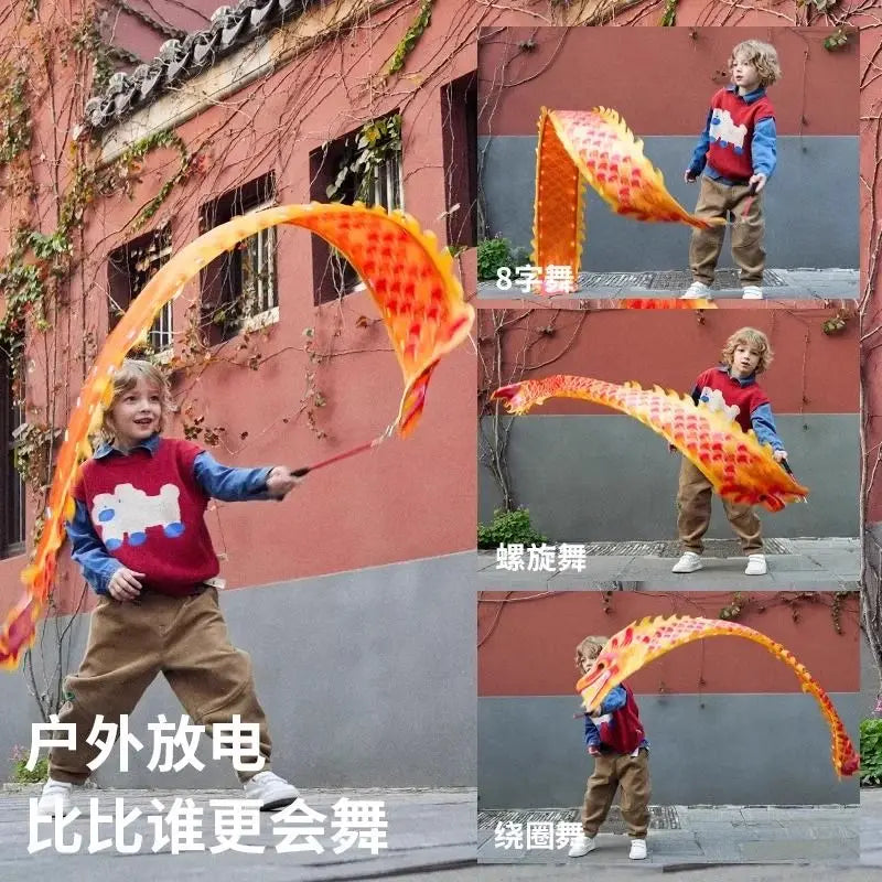 2.5m Orange Dragon Dance Ribbon With Stick and Lights