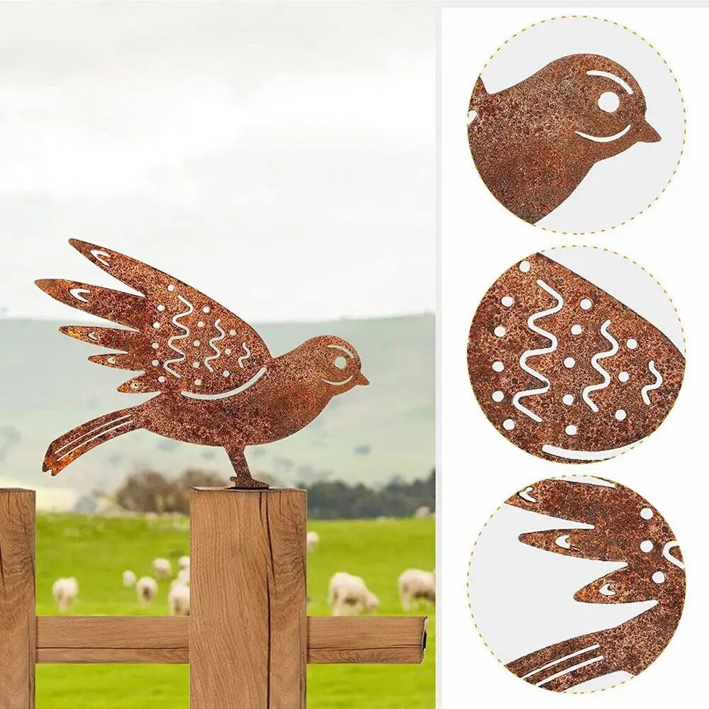 Set of Four Rusty Metal Bird Silhouettes Garden Fence Decor