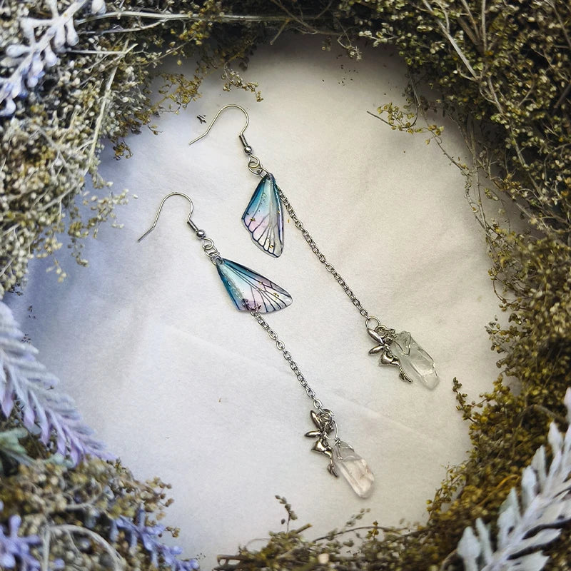 Crescent Moon Fairy Wings Crystal Quartz Dangle Earrings