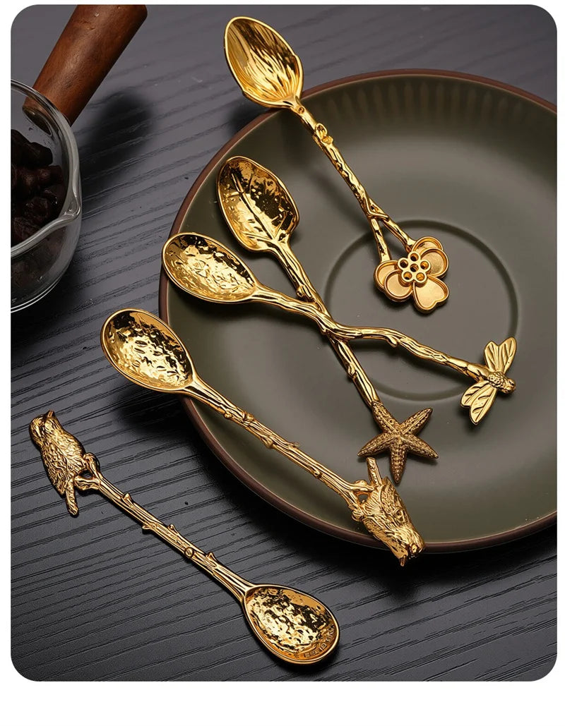 Golden Dragonfly Flower Bird Starfish 11CM Mini Spoon Teaspoon