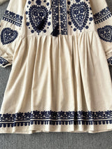 Georgia's Embroidered Boho Cotton Linen Long Sleeves Mini Dress