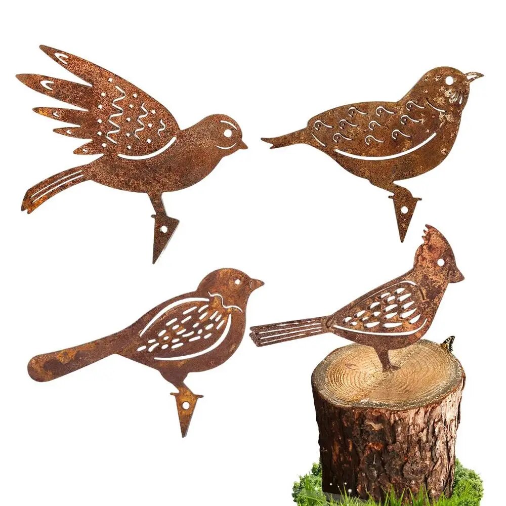 Set of Four Rusty Metal Bird Silhouettes Garden Fence Decor