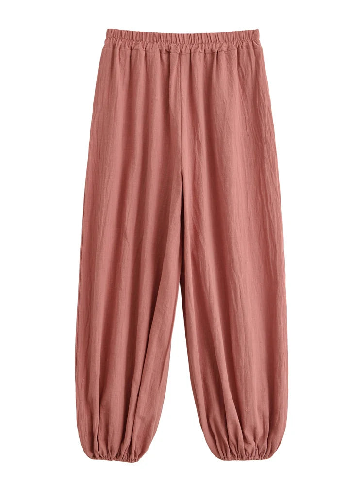 Sun Moon Embroidered Linen Cotton Baggy Pants Side Pockets Loose Yoga Wear