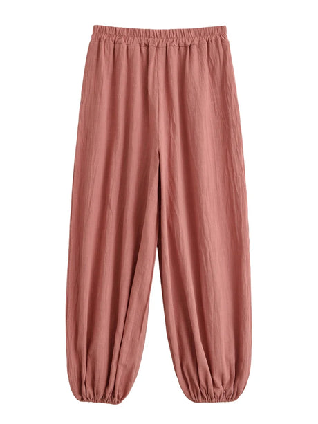 Sun Moon Embroidered Linen Cotton Baggy Pants Side Pockets Loose Yoga Wear