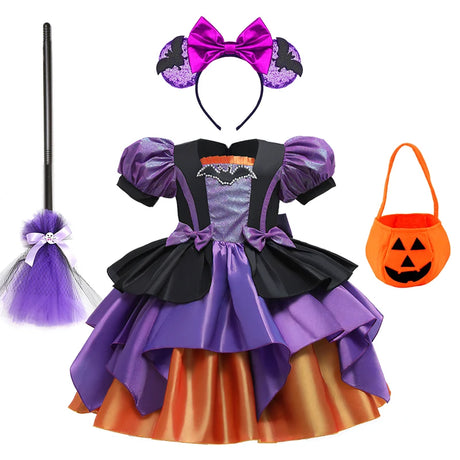 Halloween Bat Cosplay Purple Orange Witch Dress for Girls Children's Costumes
