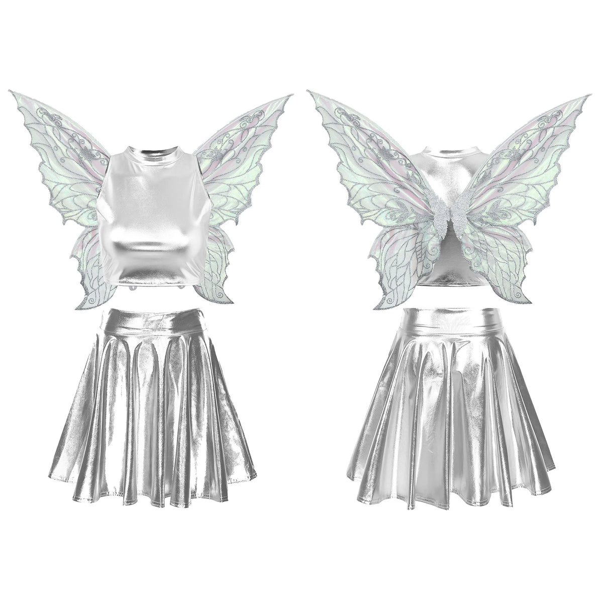 Festival Fairy Cosplay Costume Sleeveless Crop Top, High Waist Flared Skirt And Butterfly Wings Set