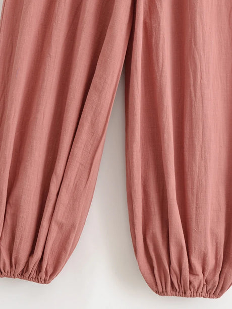 Sun Moon Embroidered Linen Cotton Baggy Pants Side Pockets Loose Yoga Wear