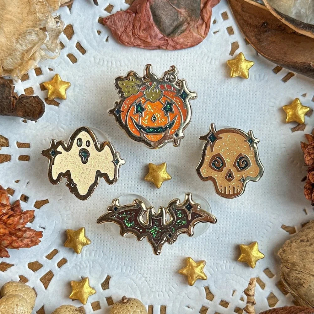 Set of Four Halloween Mini Enamel Pins Witchy Badge Bat Ghost and Candy Corn Glitter Brooches
