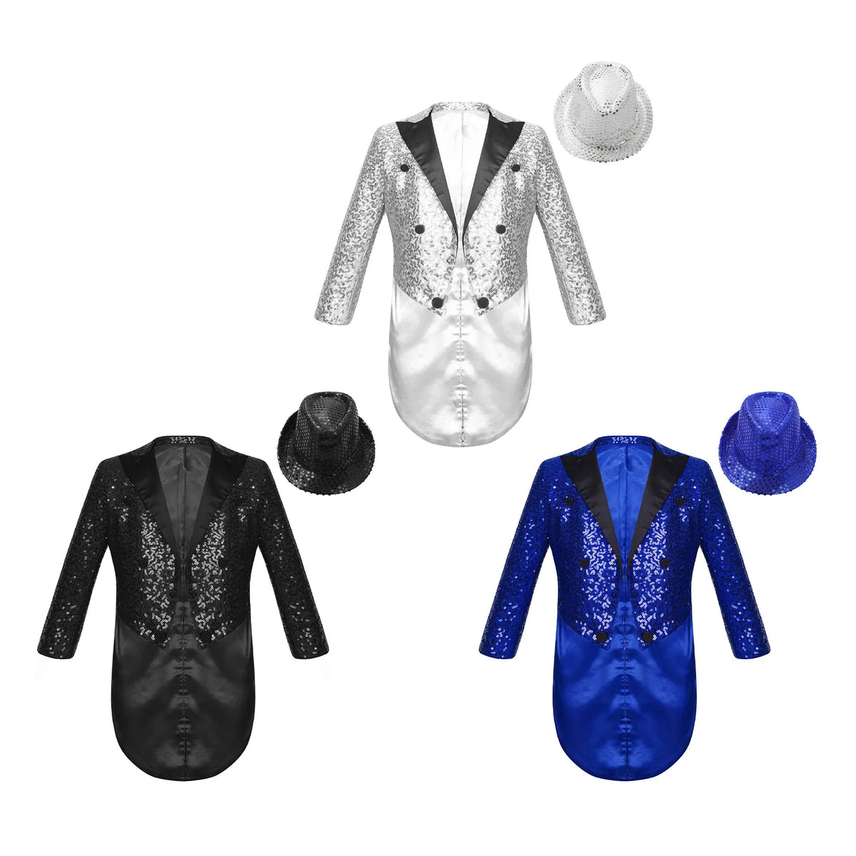 Boys Sequinned Tailcoat Magic Show Jazz Dance Performance Outfit Blazer with Hat