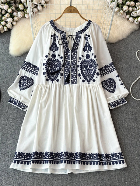 Georgia's Embroidered Boho Cotton Linen Long Sleeves Mini Dress