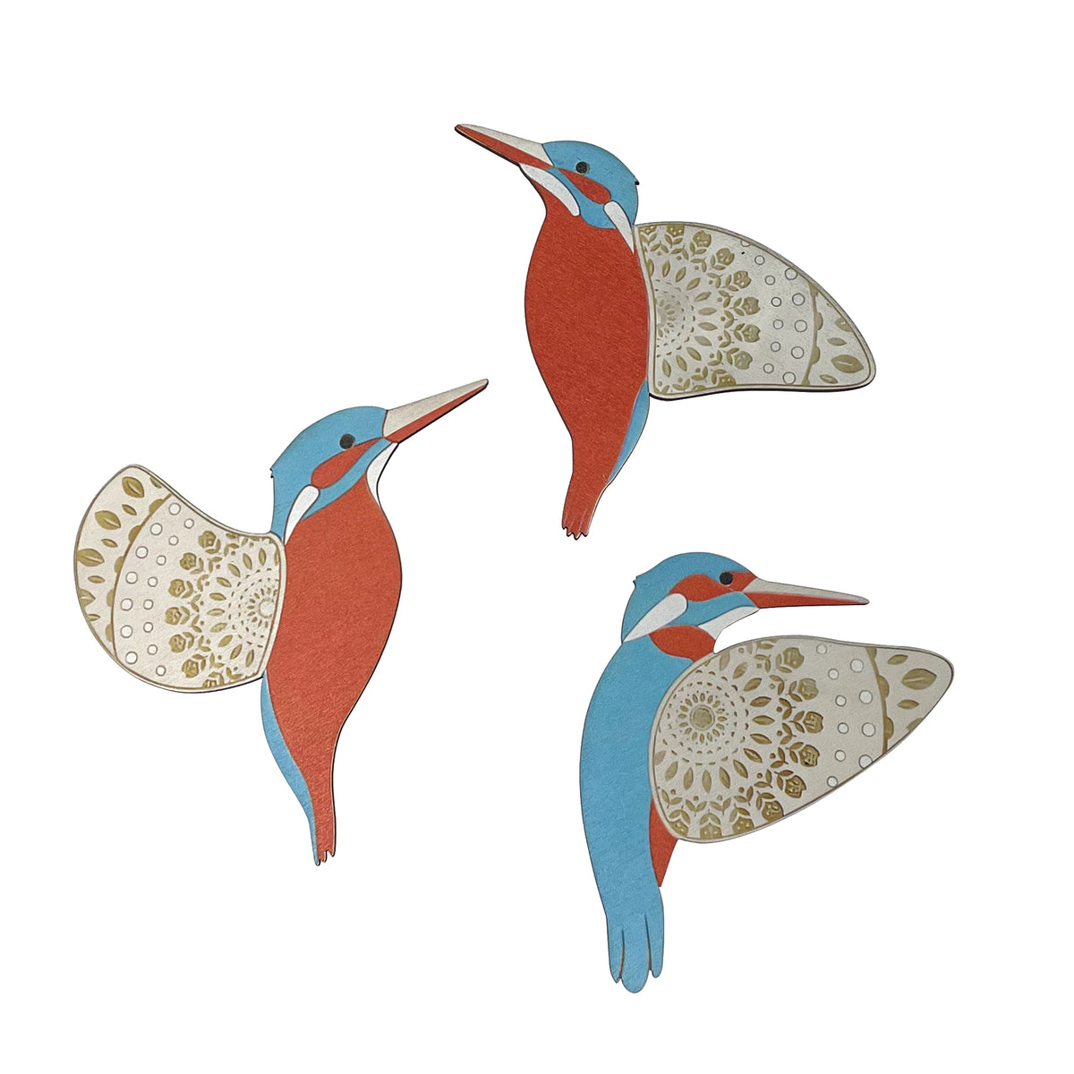 Set of Three Kingfisher Kookaburra Wooden Flying Bird Wall Decor