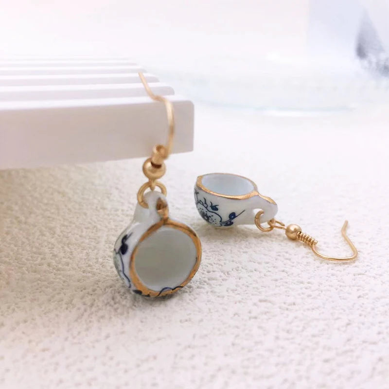 Handmade Ceramic Tea Cup Earrings Blue White Enamel Jewellery
