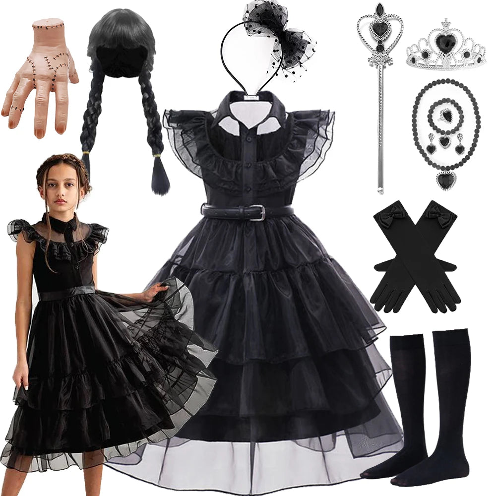 Wednesday Addams Cosplay Costume Girls Black Gothic Dress Sets
