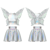 Festival Fairy Cosplay Costume Sleeveless Crop Top, High Waist Flared Skirt And Butterfly Wings Set