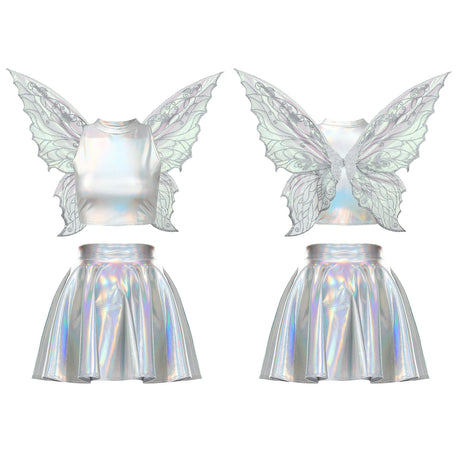 Festival Fairy Cosplay Costume Sleeveless Crop Top, High Waist Flared Skirt And Butterfly Wings Set