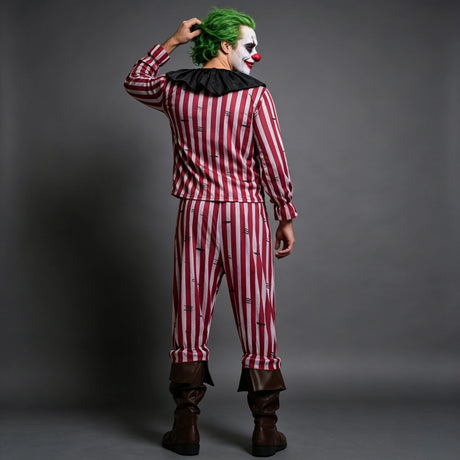 Men's Striped Clown Costume Vintage Circus Joker Cosplay Suits Long Sleeve Tops and Pants Set Halloween Carnivals Outfits