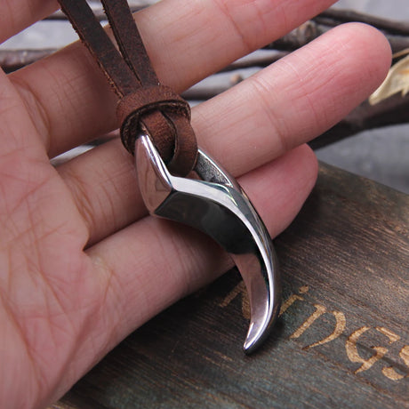 Viking Wolf Fang Stainless Steel Pendant Necklace For Men with Wooden Gift Box