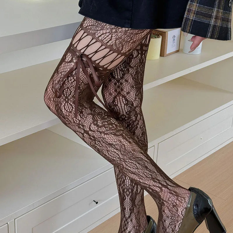 Lace Bow Tie Fishnet Stockings Flower Pantyhose Tights