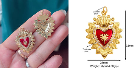 Red and Gold Sacred Heart Charms 18K Gold Plated for Jewellery Making