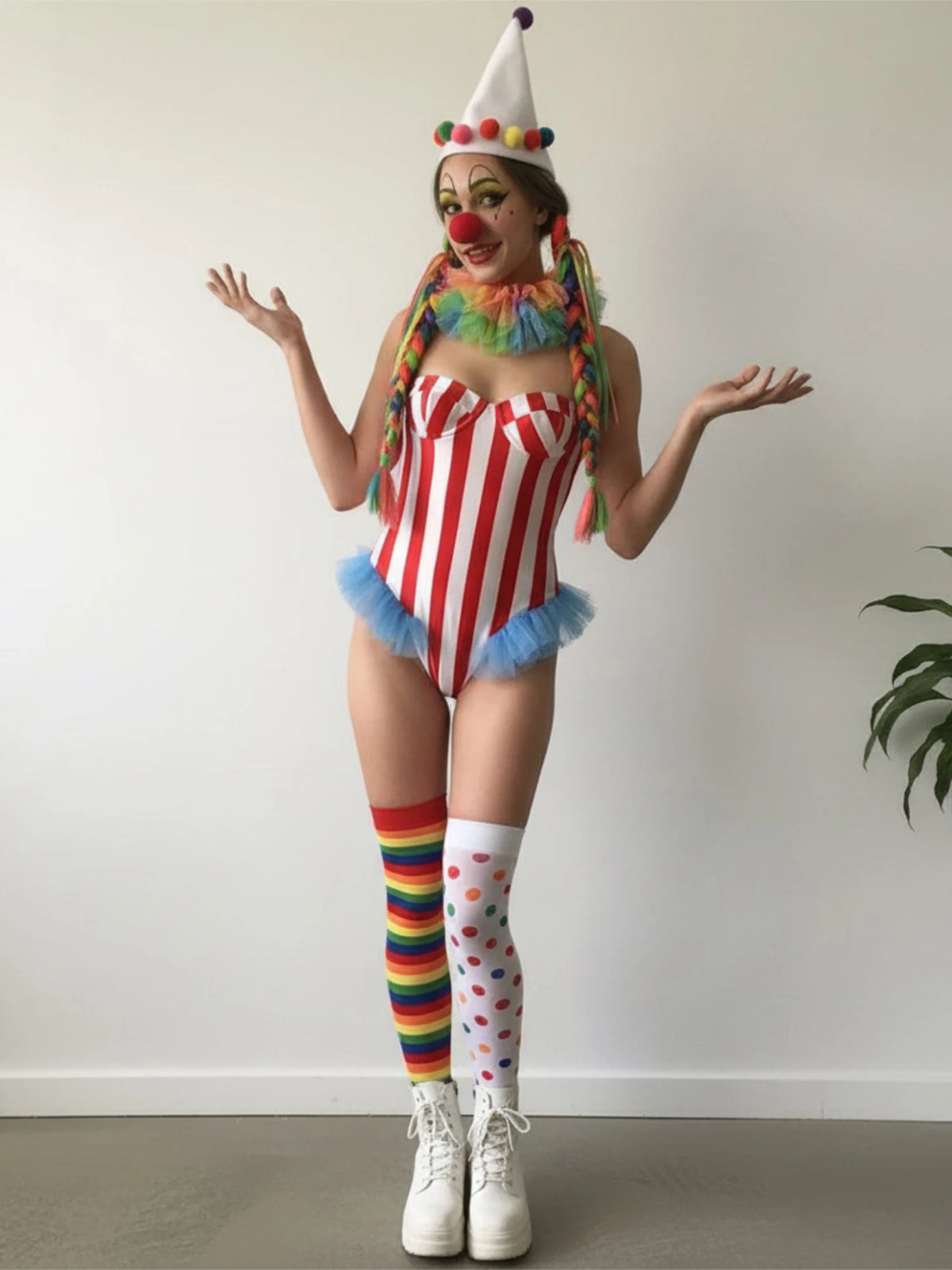 Vintage Circus Carnival Bodysuit Clown Stripes Playsuit Halloween Cosplay Costume