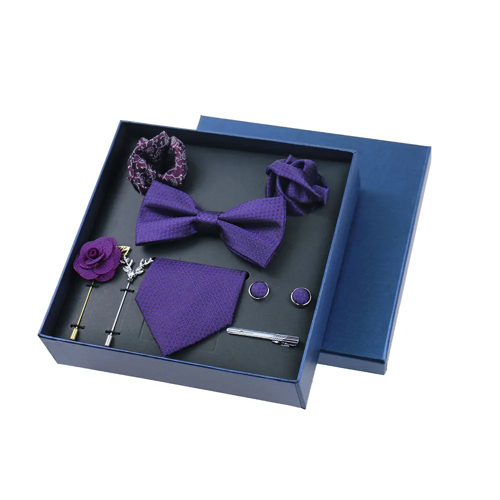 Men's 8pcs Tie Set Wedding Cravat Silk Bowtie Pocket Square Cufflinks Brooch Box Set Gifts For Men