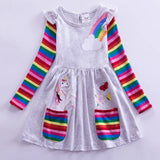 Girls' Long Sleeve Unicorn Dress Two Pockets Rainbow Sleeves