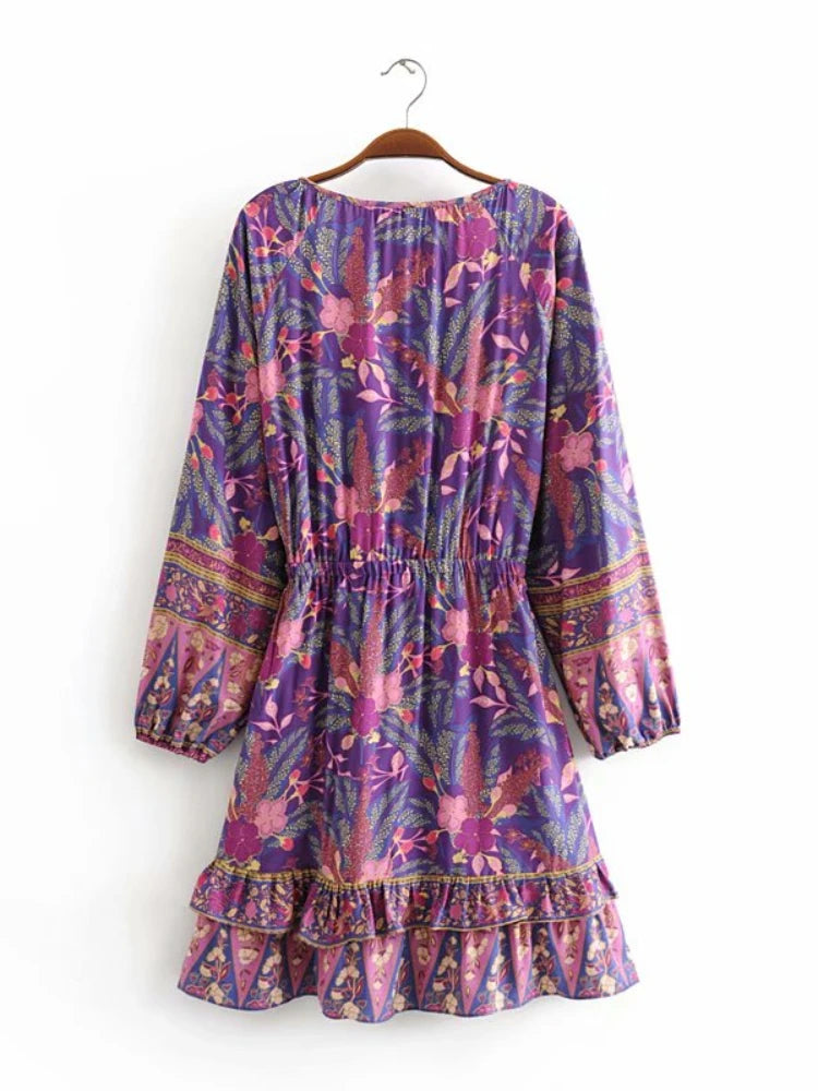 Elhiza's Purple Boho Mini Dress Lantern Sleeve