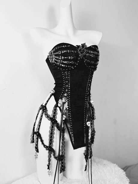 Pure Black Gothic Black Skeleton Hands Laced Corset Top