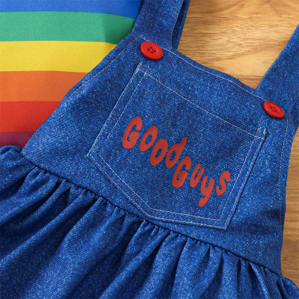 Chucky Costume  Halloween Toddler Baby Girl Cosplay Kids Rainbow Striped Shirt Overalls