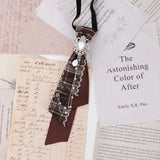 Dark Academia Jabot Plaid Short Necktie Rhinestone Brooch Pearl Chain