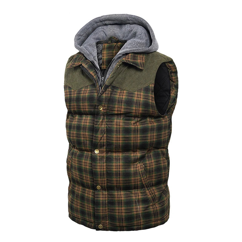 Woodsman Cotton Plaid Hooded Puffer Vest Jacket Thick Warm Winter Plaid Sleeveless Coat