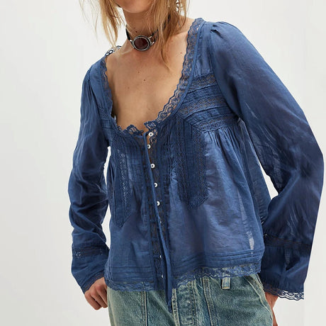 Y2K Boho Long Sleeve Lace Patchwork Button-down Tops 100% Cotton