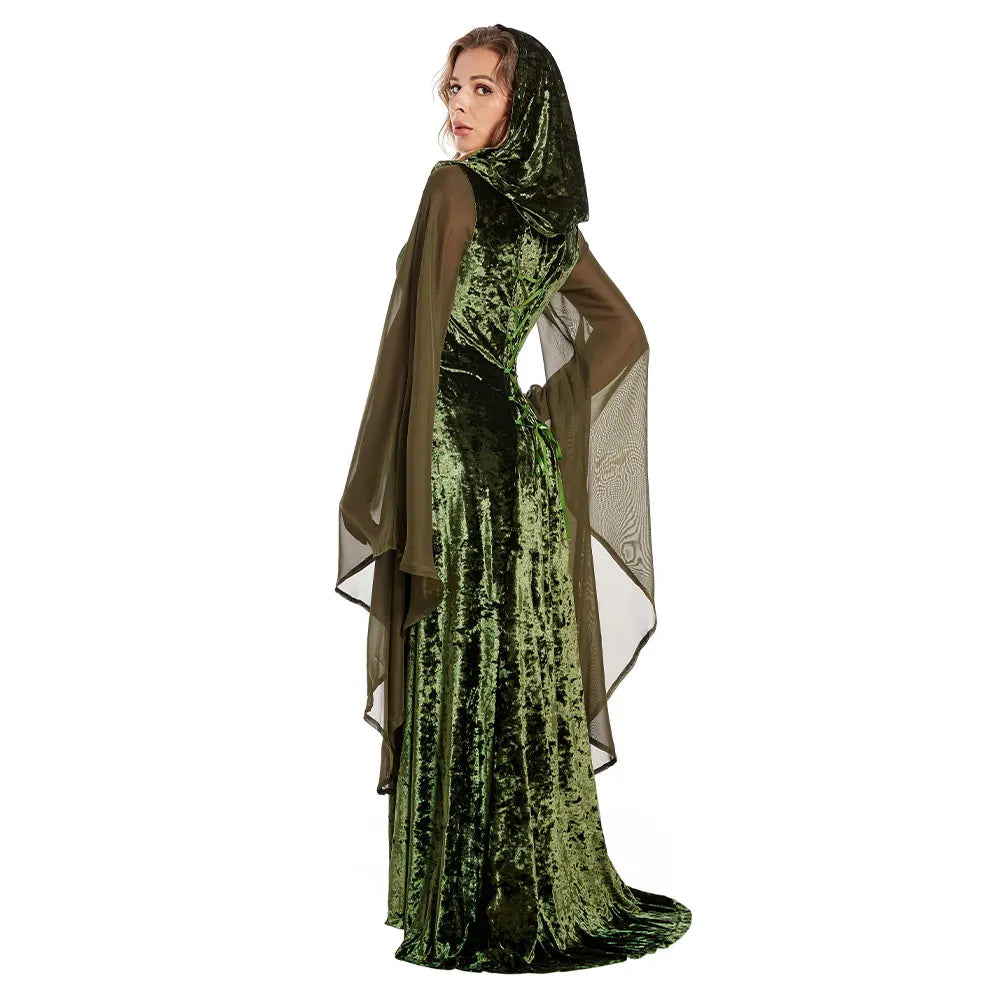 Mysterious Medieval Lady Cosplay Green Black Hooded Gown Renaissance Costume