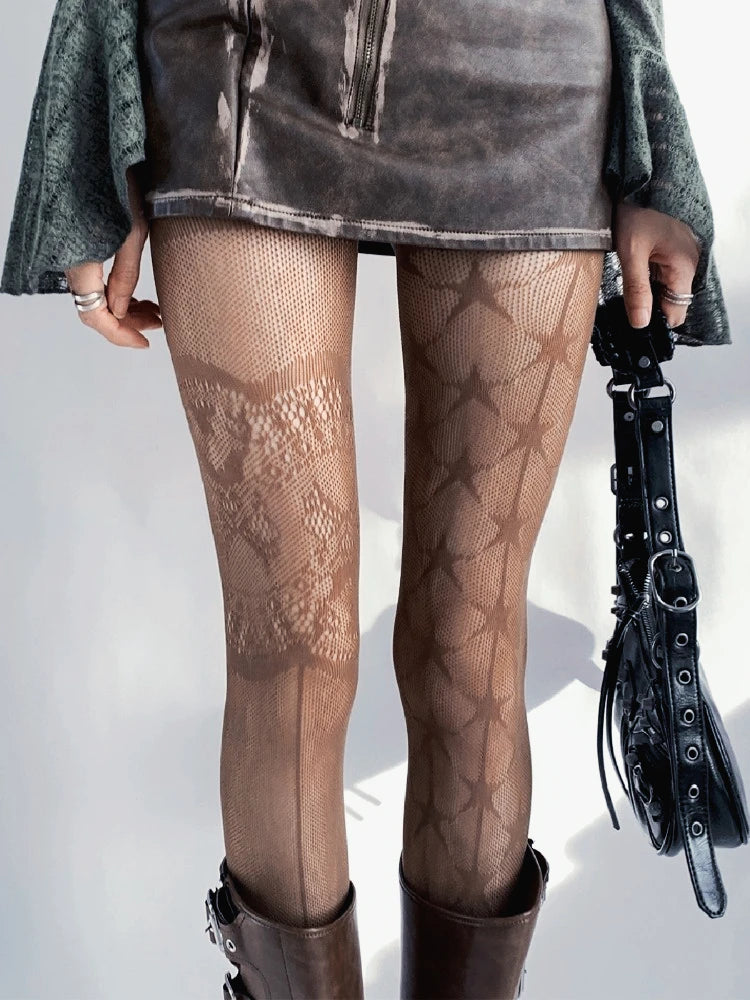AB Design Coffee Tights Punk Fishnet Stockings Gothic Lolita Lace Five-pointed Star Print Mesh Pantyhose
