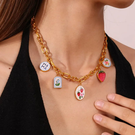 1pc Dopamine Charm Stainless Steel-plated 18K Gold Enamel Round Pendant Charms
