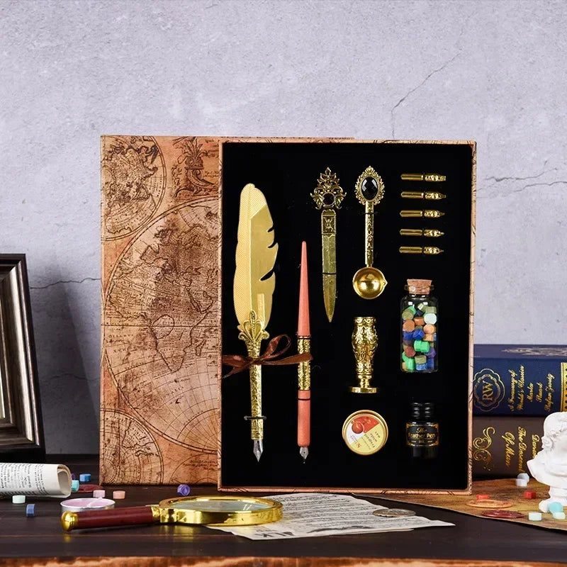Golden Feather Quill Pens Set Dip Fountain Pens Ink Stationery Writing Gift Box Sets