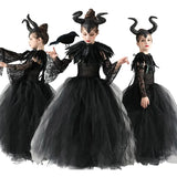 Girls Maleficent Black Tutu Halloween Costume with Feather Shawl