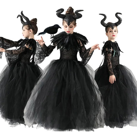 Girls Maleficent Black Tutu Halloween Costume with Feather Shawl