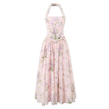 Ceony's Pink Floral Backless Halter Neck Dress