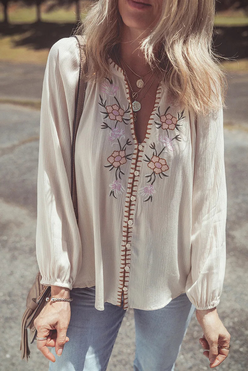 Gracie's Boho Blouses Floral Embroidery Button Down White Long-sleeved Shirt