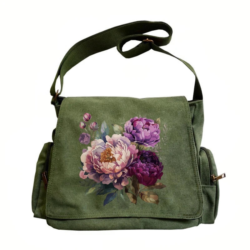 Purple Blooms Print Canvas Shoulder Bag Crossbody Messenger Bag