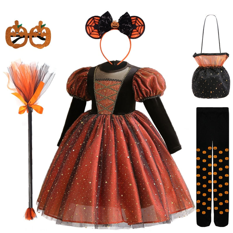 Tabitha's Halloween Witch Girls Orange Costume and Accessories