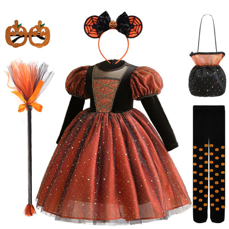 Tabitha's Halloween Witch Girls Orange Costume and Accessories