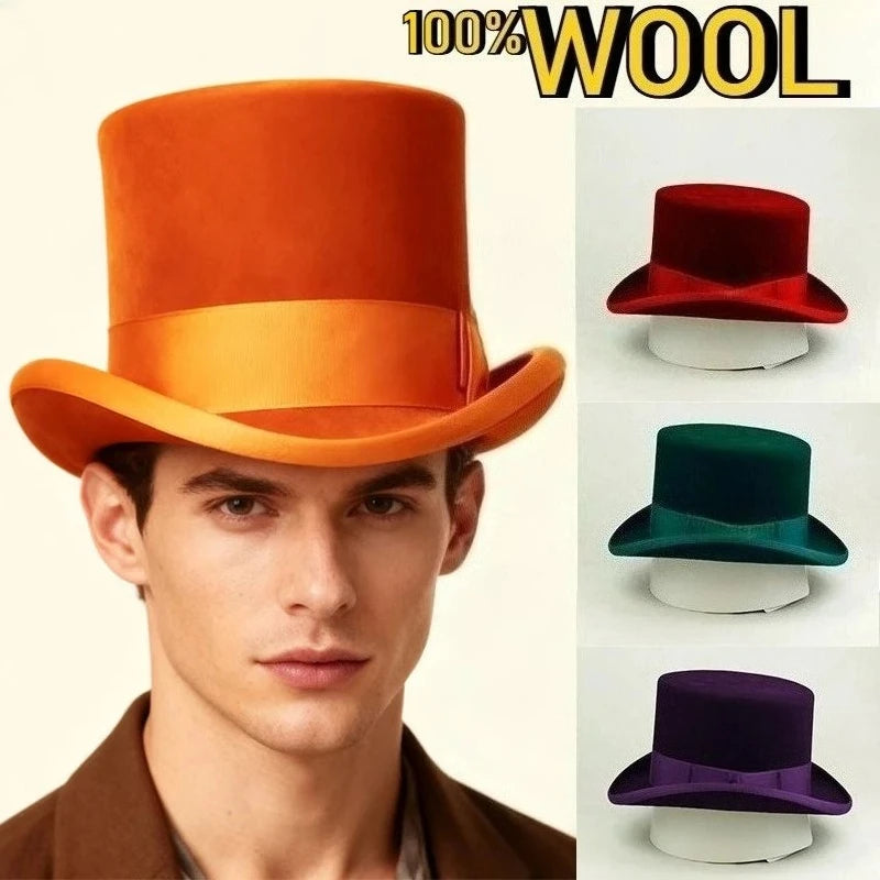 100% Wool Flat Top Hats Solid Colours Wide Ribbon Magician Performance Hat