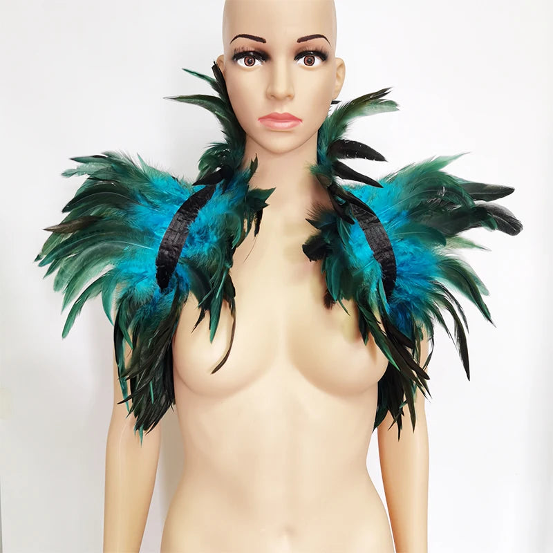 Black Rooster Feather Shrug Gothic Collar with Ribbon Ties