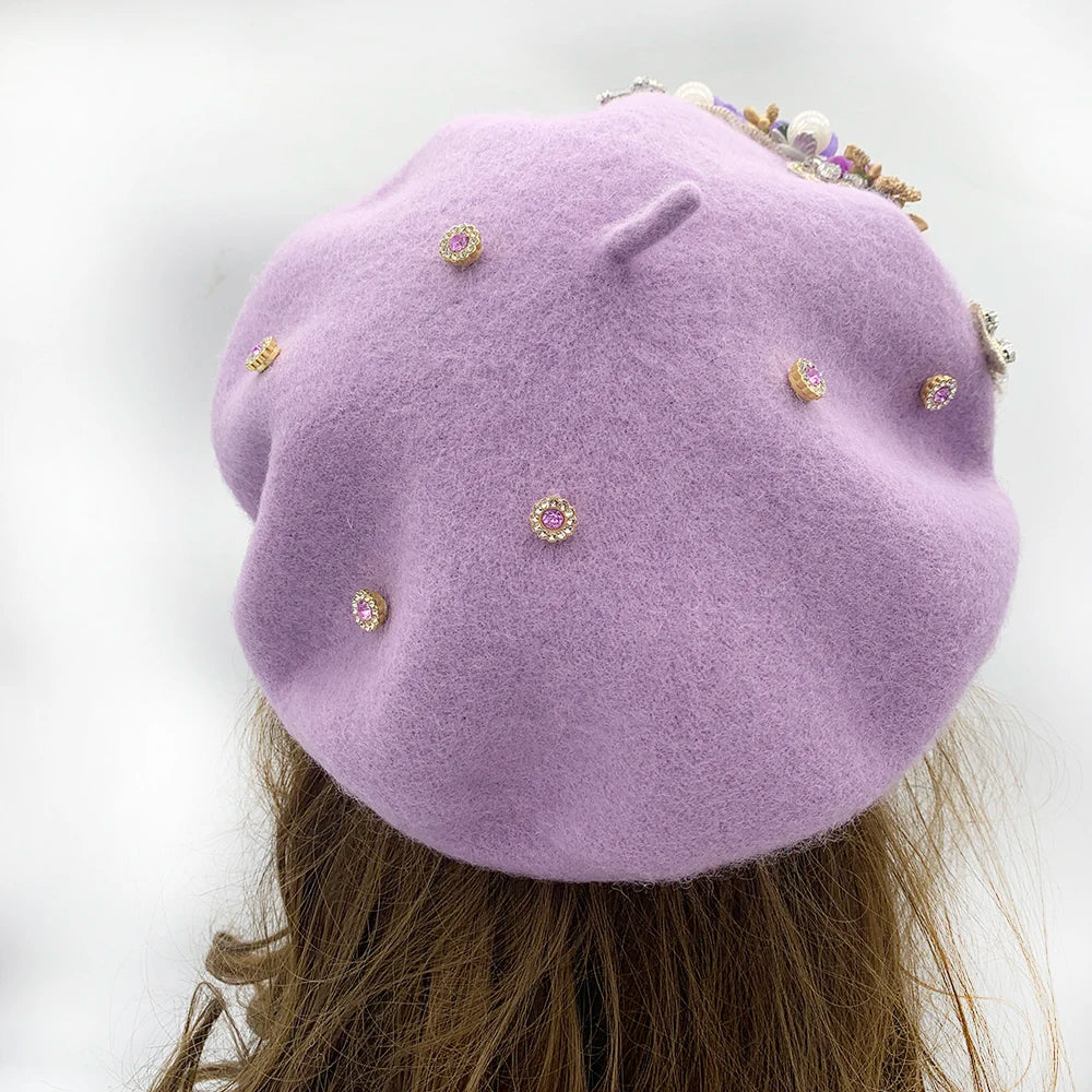 Margie's Flower Diamonte Winter Autumn Beret 10 Colours