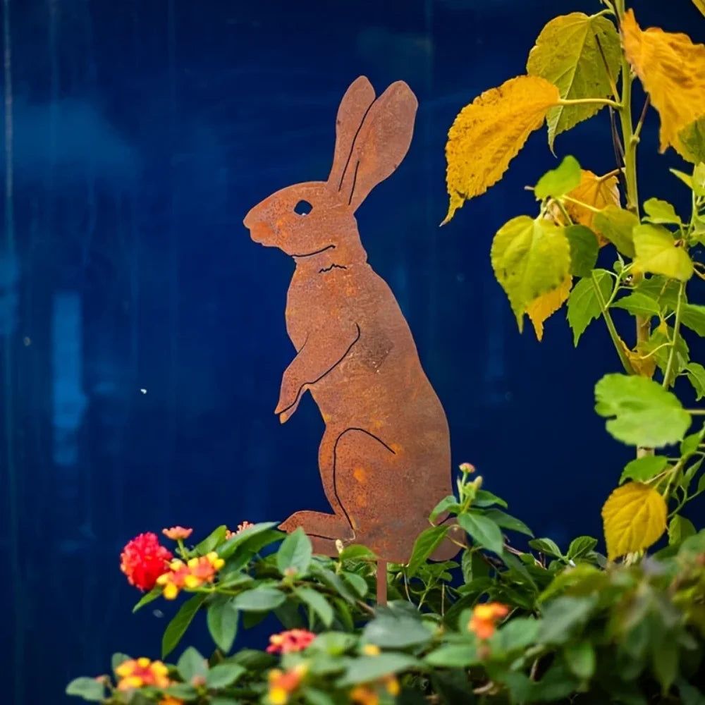 Rustic Metal Rabbit Garden Stake Rusty Bunny Silhouette
