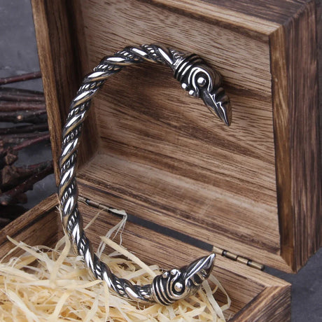 Stainless Steel Nordic Viking Norse Raven Cuff Bangle Mens Gift with Wooden Box