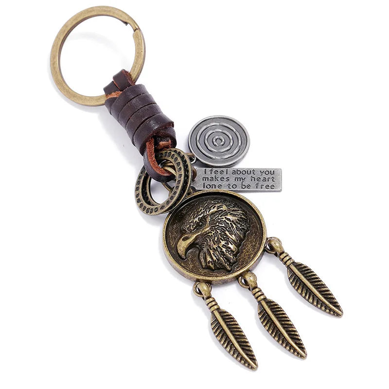 Eagle Feathers Keychain Braided Leather Keyring