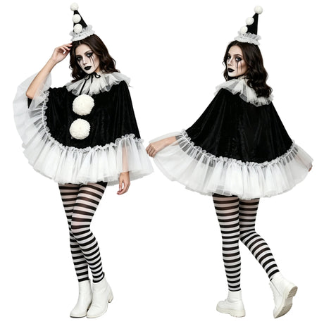 Women Pierrot Clown Costume 3Pcs Halloween Clown Cosplay Set